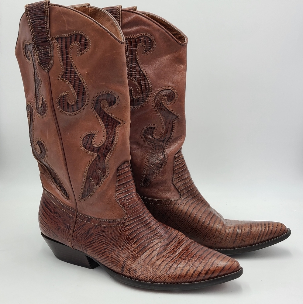 Nine West Romnee Leather Cowboy Boot Womens 8.5 (brown) Vintage